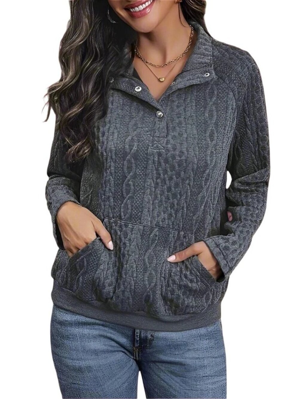 Gray Cable Knit Pullover Sweatshirt Women Size Medium Kangaroo Pocket Snaps NEW